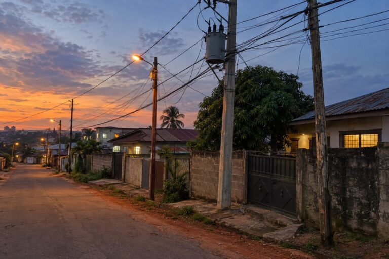 Rue de quartier de Brazzaville au crepuscule, poteaux et cables de distribution electrique