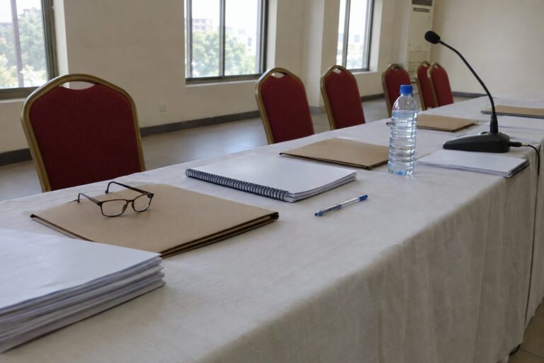 Table de réunion avec dossiers et documents de travail